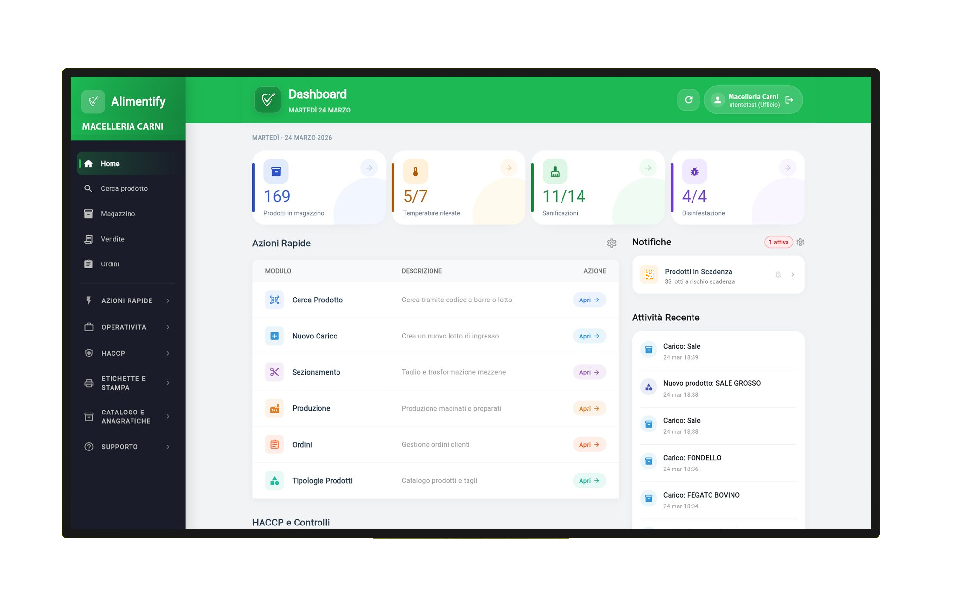 Dashboard Alimentify per macellerie